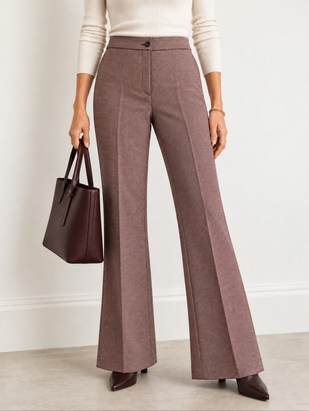 Ann Taylor NWT Burgundy Ivory Houndstooth High Rise Flare Pants 8P Work Office